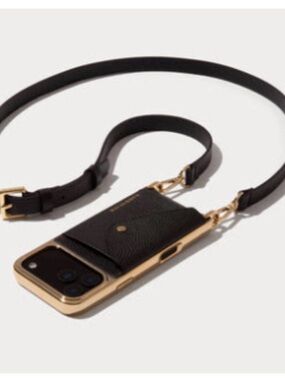 iPhone 15 Pro Bandolier Black Leather Crossbody Phone Case with Gold Frame